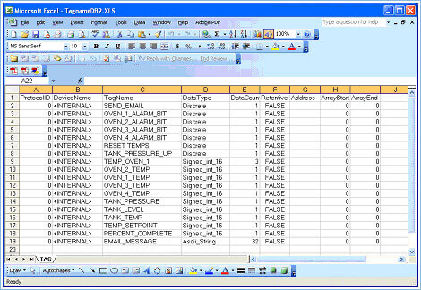 example of tagname database exported as xls