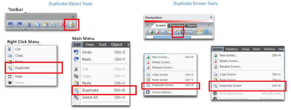 Duplicating objects and screens