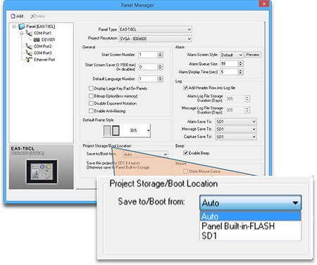 panel manager options; project storage