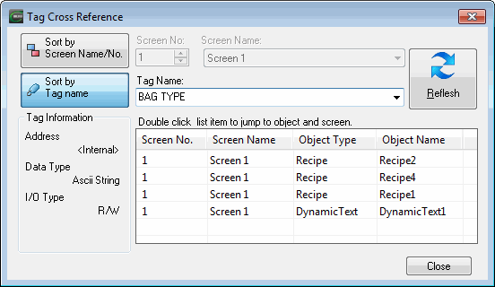 objects and screens sorted by tag name