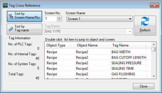 tags and objects sorted by screen