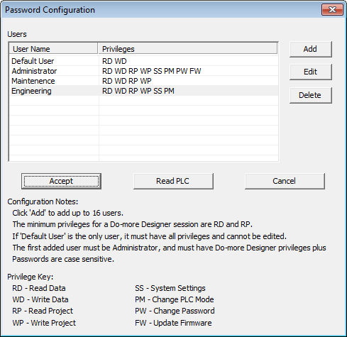 Do-more Password Configuration Window