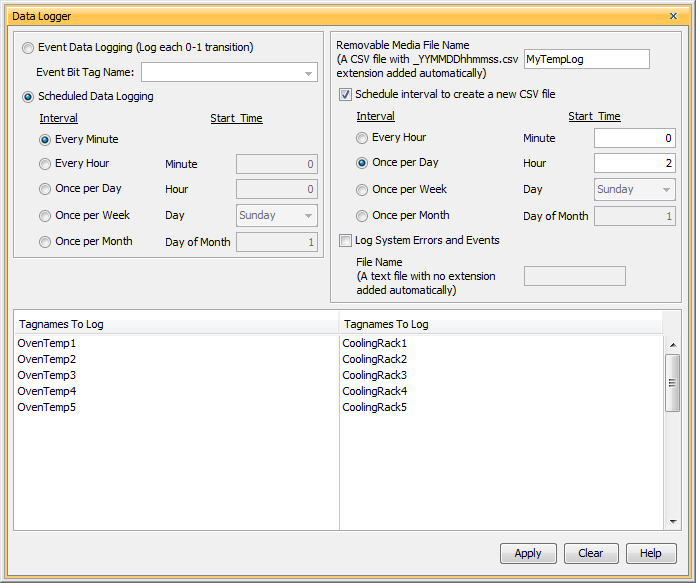 data logger dialog box