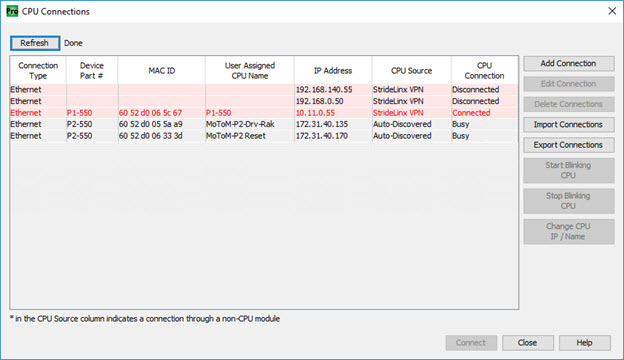 CPU Connections dialog